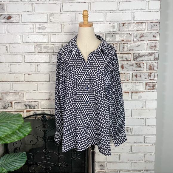 Tommy Hilfiger Navy Blue & White Geometric Print Long Sleeve Button Down Blouse - Picture 3 of 10